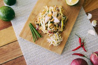 Asian food on a cutting board